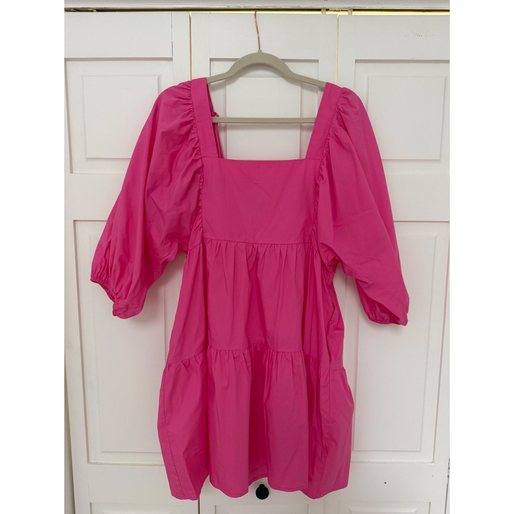 A New Day Pink Puff Sleeve Tiered Smocked Back Babydoll Mini Dress S